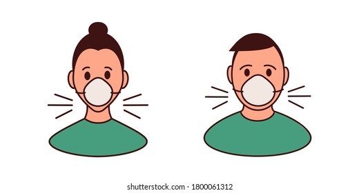 Colorful woman and man in medical face protection mask, icon isolated on white background. Concept protective for air pollution, virus, smog and 
microbes. Outline flat designe. Vector illustration.