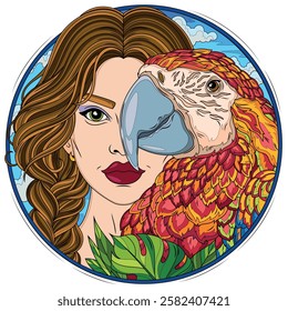 Colorful woman and a parrot.Coloring book antistress for children and adults.Color version. Hand draw