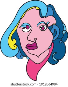 Colorful Woman portrait continuous line art drawing in psychedelic abstract surreal style. Hand drawn raster illustration for your contemporary fashion design.