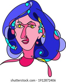 Colorful Woman portrait continuous line art drawing in psychedelic abstract surreal style. Hand drawn raster illustration for your contemporary fashion design.
