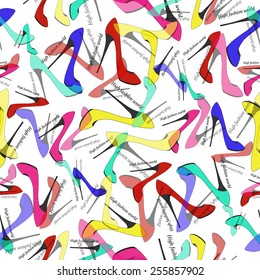 Colorful woman shoes. Seamless pattern background