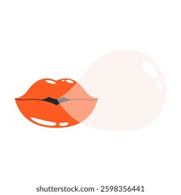 Colorful womans mouth with red lipstick inflates a bubble of chewing gum. Flat vector illustration on isolated background