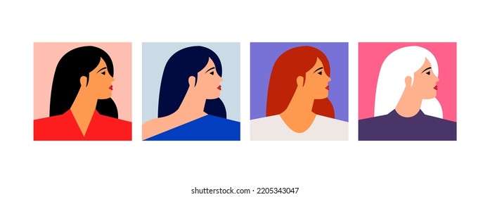 Colorful Women Faces Icons Set in Trendy Flat Style Modern Design. Vector Illustration