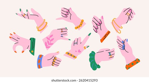Colorful women hand gestures in retro cartoon style. Different poses: pointing, hold, ok, finger snap. Human palms and wrists Illustration in funky, doodle style, trendy sticker set