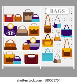 Colorful women handbags of various shapes, placed on the trading shelf shop. Fashionable flat style. Vector illustration