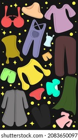 Colorful women's clothes with glitter and black background