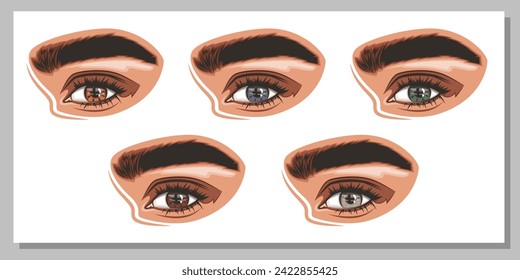 Colorful women's eyes with makeup. Eye makeup closeup isolated.  Beauty Salon Social media design. Beauty Salon Banner. Hand-Drawn vector illustration female eyes set. 