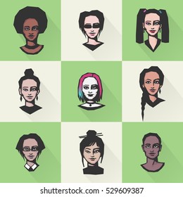 Colorful women's faces, different face features, ethnicity, nationality. Flat design vector clip-art.