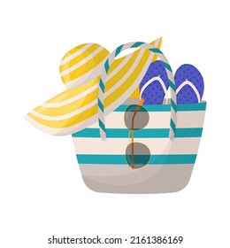 Colorful women's summer bag with beach accessories. Summer design elements.