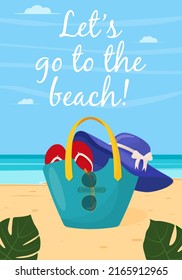 Colorful women's summer bag with beach accessories. Summer design elements. Flat vector illustration for poster, banner, flyer