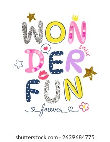 colorful wonder-fun slogan with cute icons and sequins vector illustration