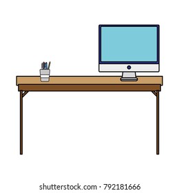 colorful wood desk object with computer screen