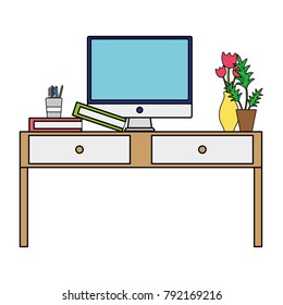 colorful wood desk object with drawers and computer