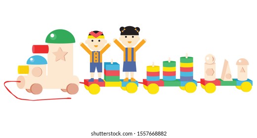 Colorful wood train brick toy with children vector
