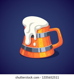 Colorful wooden beer mug with foam. Vector illustration.