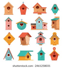 Casas de pájaros de madera de colores. Lindos pequeños hogares para gorriones, estorninos, tetas y golondrinas, diferentes diseños alimentadores para pollitos, artesanía de dibujos animados de estilo plano aislado conjunto de Vector