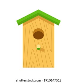 Colorful wooden birdhouse with green roof, isolated on white background. Bird feeder, wooden buildings made of planks. Handmade from wood and nails. Nature protection. Cartoon. Vector illustration