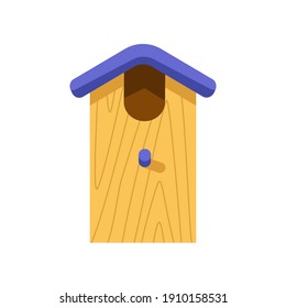 Colorful wooden birdhouse with purple roof, isolated on white background. Bird feeder, wooden buildings made of planks. Spring, nature, garden, birds, house and house concept. Vector illustration 