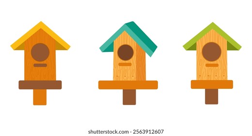 Colorful wooden birdhouses arranged in a row on a white background
