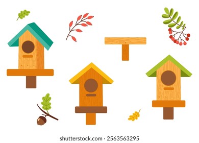 Colorful wooden birdhouses with leaves and natural elements around them