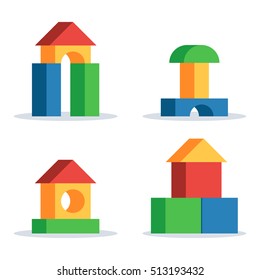 Colorful wooden blocks toy, set building game castle and house. Vector flat style illustration isolated on white background