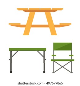 Colorful Wooden Camping Table And Plastic Picnic Table Vector Illustration.