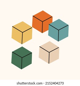 Farbige Holzwürfel. Bestandteil der Entwicklung von Montessori Bildung im Kindergarten, zu Hause. Spiel für Kinder, um Handmotorfähigkeiten zu entwickeln, Denken. Vektorhandzeichnung