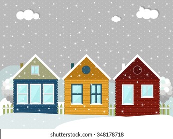 Colorful Wooden Eco Houses. Winter Theme