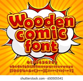 Colorful wooden font on comic book page. Alphabet in style of comics, pop art. Cartoon multilayer letters and figures for decoration of kids' illustrations, game design, ui development, comics, banner