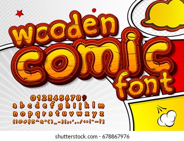 Colorful wooden font on comic book page. Alphabet in style of comics, pop art. Cartoon multilayer letters and figures for decoration of kids' illustrations, game design, comics, banners