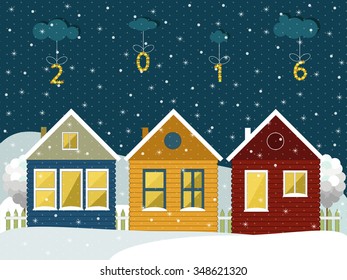 Colorful Wooden Houses In The Mountains. Merry Christmas And Happy New Year Cards