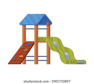 Colorful Wooden Slide with Climbing Wall and Ladder on Playground Vector Illustration