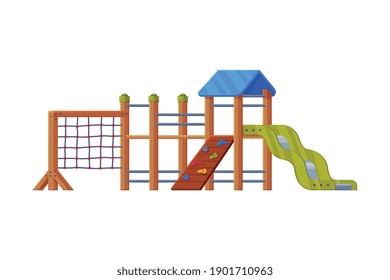 Colorful Wooden Slide with Climbing Wall and Ladder on Playground Vector Illustration