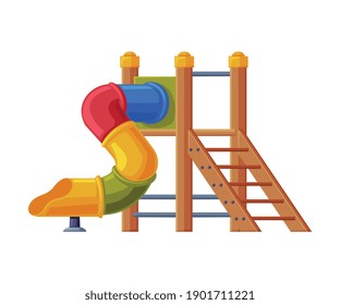 Colorful Wooden Slide with Tube and Ladder on Playground Vector Illustration