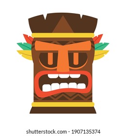 colorful wooden tiki mask icon over white background, colorful design, vector illustration