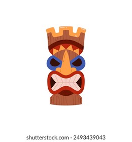 Colorful wooden Tiki mask vector illustration. Traditional Polynesian style mask with exaggerated features including wide mouth, large eyes, and intricate patterns.
