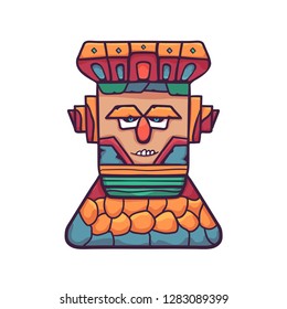 Colorful wooden totem mask. A wooden mask on a stone pedestal, with emotional expressions. Vector linear flat illustration.