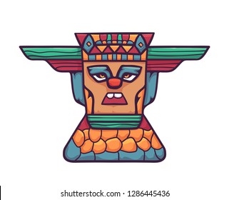 Colorful wooden totem mask. A wooden mask on a stone pedestal, with emotional expressions. Vector linear flat illustration.