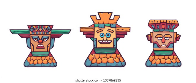 Colorful wooden totem mask. A wooden mask on a stone pedestal, with various emotional expressions. Vector linear flat illustration. Hand draw style.
