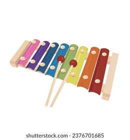 Farbiges hölzernes Xylophon mit Stöcken auf weißem Hintergrund. Rainbow-farbenes Holzspielzeug Musikalisches Instrument für Kinder oder Kinder. Drumstick für kreative Kinder, fröhliche Melodie.