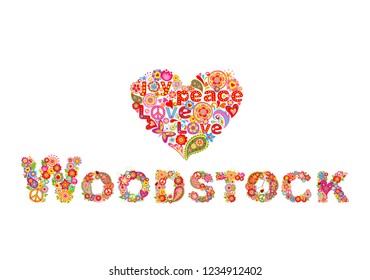 Colorful Woodstock flowers lettering and hippie heart shape for t shirt print, party poster and other design on white background