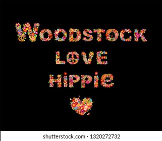 Colorful Woodstock, love and hippie flowers lettering with hippie peace symbol, heart shape for t shirt print, party poster and other design on black background