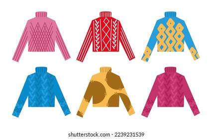 Colorful woolen or knitted sweaters vector illustrations set. Collection of cartoon drawings of warm jumpers for winter isolated on white background. Seasons, fashion concept