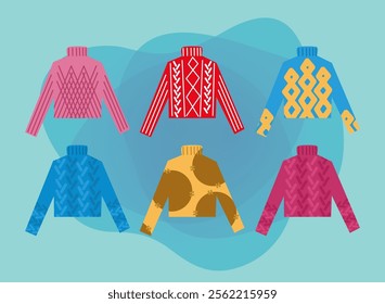 Colorful woolen or knitted sweaters vector illustrations set. Collection of cartoon drawings of warm jumpers for winter on abstract background. Seasons, fashion concept