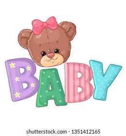 Colorful word BABY in patchwork technique with teddy bear for children's design.
