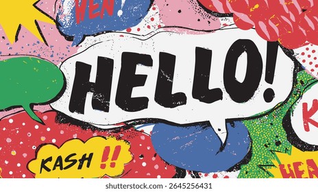 Colorful word bubbles display dialogue in lively graphic art background