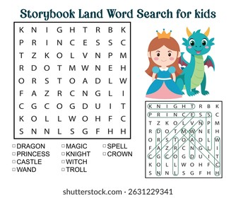 A colorful word search puzzle designed for children, featuring a Storybook Land theme. Ideal for educational activities or printable worksheets.