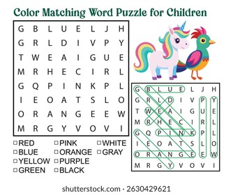 Colorful word search puzzle for kids featuring a unicorn and bird, ideal for educational activities