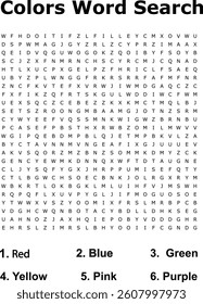 Colorful Word Search Puzzle Red, Blue, Green, Yellow, Pink, Purple