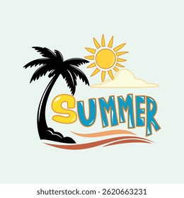 Colorful Word Summer Vector Logo with Palm Tree and Sun